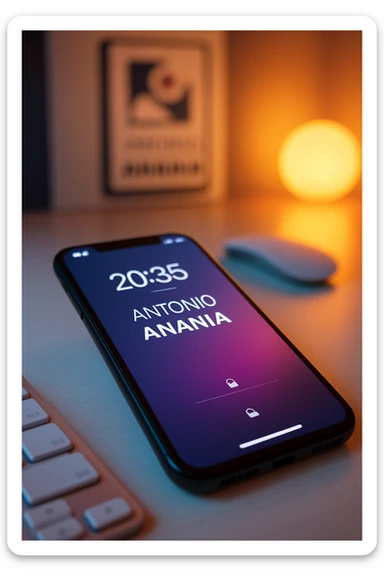 A photo of an iPhone on the desk with the message "Antonio Anania" on its screen, The phone sits atop a desk with a blurred background that suggests work environment. A faint glow from above casts gentle shadows across the surface of each object, creating depth and highlighting their textures sticker