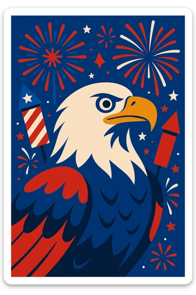 bald eagle with fireworks, patriotic, 4th of July, red white and blue colors sticker