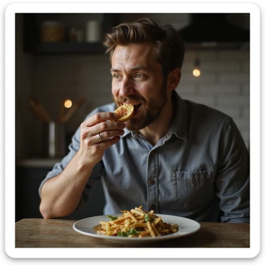 hyperrealistic 4K image of a man savoring a bite of food, nutritional data glowing around the meal including fiber, vitamins, protein, Zen minimalism, gut microbiome cheering in the background as fermented foods arrive, reference image for likeness sticker