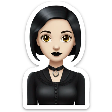   Hostess Wednesday Addams. very light skin face. Black lipstick and eyeshadow. Earrings matching necklaces. Long silky raven hair.  Silk pajamas separates, black high heel.  sticker