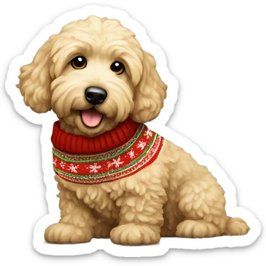 Black Mini Golden Doodle with a Christmas sweater sticker