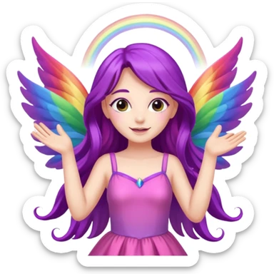 Female fairy
Long purple hair
Pink dress
Rainbow wings
Waving 
Saying hello
 sticker