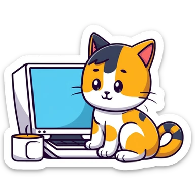 a girl working at a computer with a cat curled up next to the computer sticker