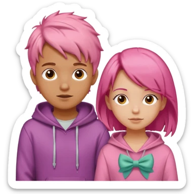 Boy with bow hair and orange hoodie in love with pink haired girl sticker