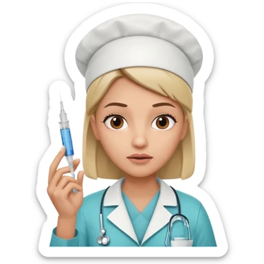 healthcare professional nurse holding a syringe in hand, doubtful expression, raised eyebrows, looking up, half-closed mouth, as if wondering something sticker