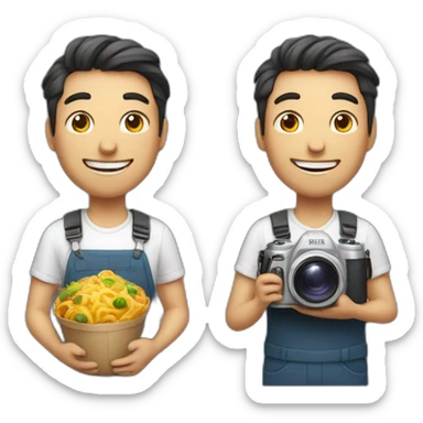 man with camera in one hand and food in other hand, happy smiling sticker