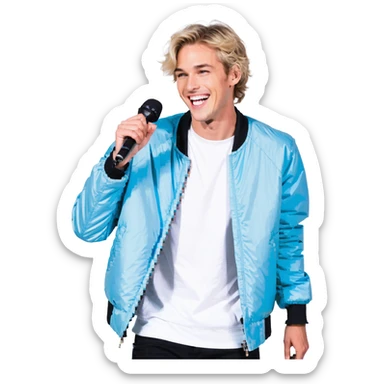 Pixel art style, expressive male performer, Caucasian features, short sandy blonde hair, lively eyes, wide cheerful smile, wearing a sky blue jacket over white tee, tossing a microphone in one hand, waist-up, front-facing sticker