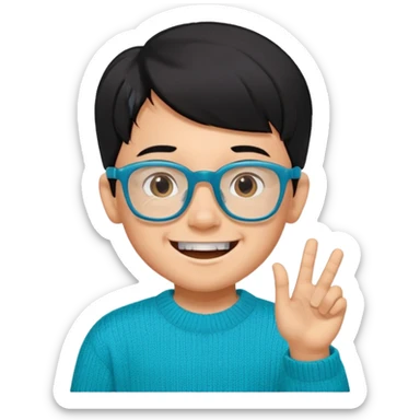 Chico de 7 años, pelo negro y repeinado, piel oscurita pero no mucho, gafas rectangulares azules, sonriente sin 1 diente, jersey verde turquesa y ojos algo rasgados sticker