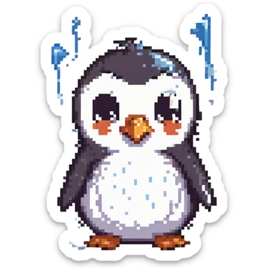 Memín Pinguín jumping and crying with big tears and a sad expression in pixel art style, transparent background. sticker