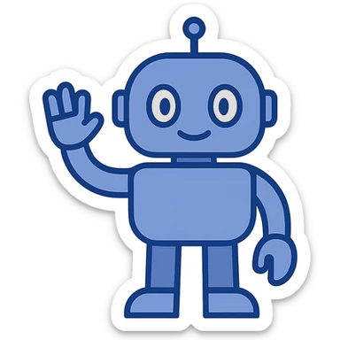 blue robot waving, friendly eyes, simple geometric shapes, modern illustration style sticker