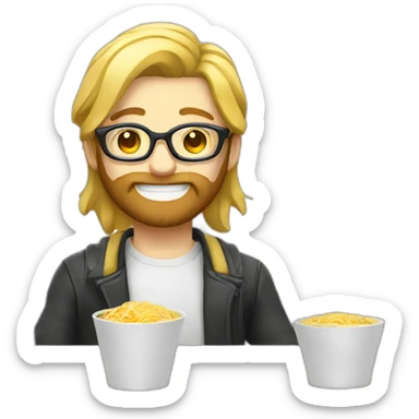 Blond Developer with glasses and beard and ramen in box sticker