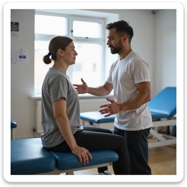 realistic image of a patient in a rehabilitation gym, therapeutic exercise interrupted due to unsuitable clinical conditions, physiotherapist advising caution, clinical details, professional environment sticker