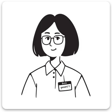 Asian girl wearing glasses, white shirt with a work tag showing her Asian young male boss's name, simple line drawing style sticker