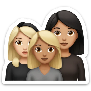 3 girls. 1 light skin with blonde hair, 1 brown skin with black hair and 1 tan skin with brown hair sticker