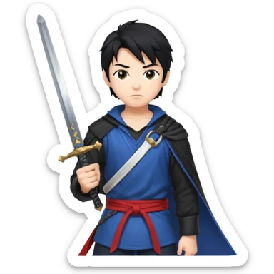 Create me an anime character boy emoji looking very cool with swords on his hand sticker