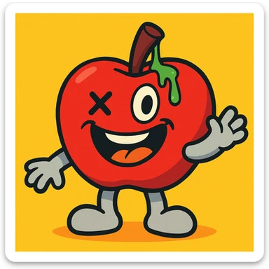 Appleton the Apple plush apple toon character, vibrant toon style, light grey arms and legs, left eye is an X, ichor leaking from the stem without leaf, wide happy grin sticker