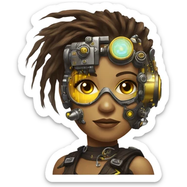 Brown with yellow streaks Mohawk hair female cyborg head, tan skin, steampunk goggles and circuits sticker