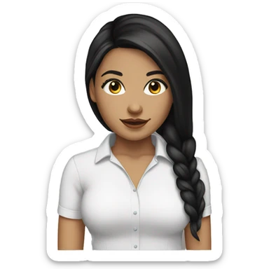 white female with long black hair, long lashes, hoop earrings, back shirt sticker