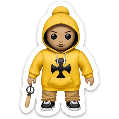 voodoo doll wearing wu-tang clan yellow and black hoodie with W logo sticker