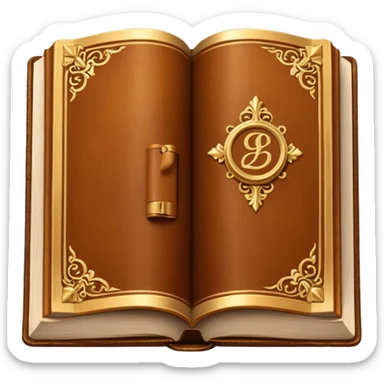 "An open antique leather-bound book with golden edges and calligraphy, detailed embossing, Victorian style, warm brown and gold palette." sticker