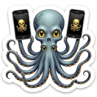 Intimidating octopus skeleton. Evil looking eyes, wearing a gold necklace. 2 tentacles are holding their own cellphones with one held up to its ear, 2 other tentacles are holding stacks of money sticker