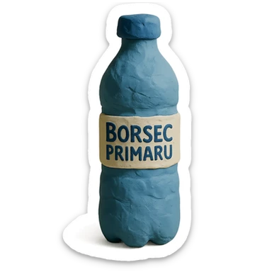 claymation style bottle of water with a label that says 'BorsecPrimaru' sticker