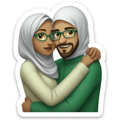 A young Muslim woman with green glasses and her young Muslim husband with glasses and a beard hug sticker