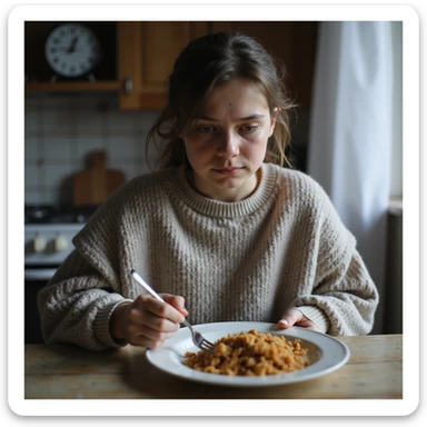 young underweight woman in oversized sweater, pushing food around plate with fork, visible dark circles under eyes, kitchen clock at 3PM, cold dinner untouched, natural light accentuating thin face and hollow cheeks, hyperrealistic 4K sticker