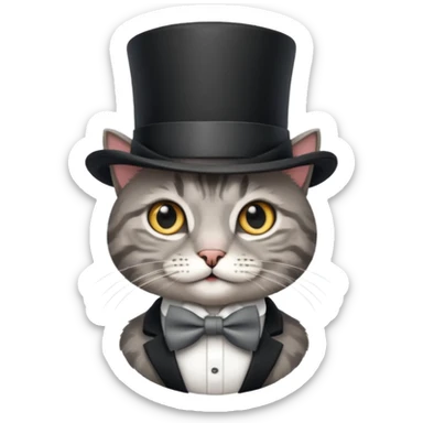 Grey tabby cat in top hat and bow tie sticker