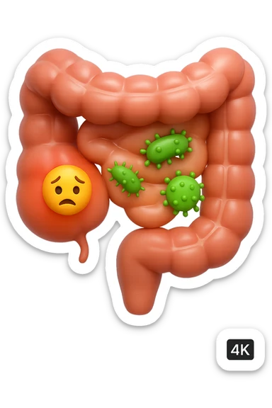 emoji stile iphone in 3d di intestino realistico con infezione e batteri dentro, iperrealistico 4k sticker