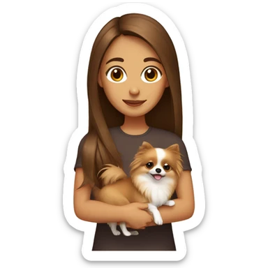 Girl with long brown hair holding a Pomeranian dog sticker