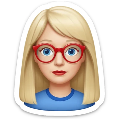 50 yr old white woman, pale skin, long straight blond hair parted in center, blue eyes, bangs, clothes for school, big red glasses, oval face, long face sticker