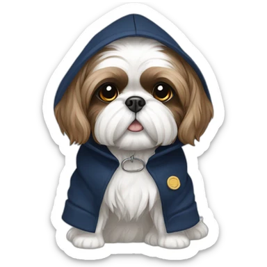 White and brown Shih tzu in navy blue coat with hood sticker