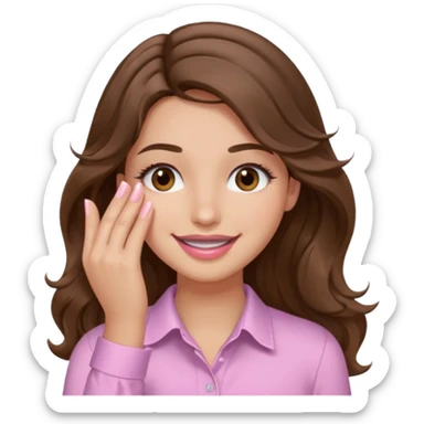 girl with wavy long brown hair, brown eyes, light to medium complexion, long lashes, light pink lipstick, wearing light pink shirt, smiling, hand covering eyes sticker