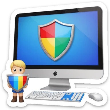 a computer screen with a shield and a child's figurine sticker