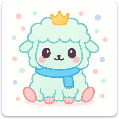 Add a blue scarf and a tiny crown to the kawaii fluffy sheep, maintaining the cute and soft kawaii style with fluffy texture and pastel colors. sticker