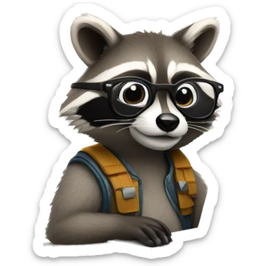 raccoon freelancer in glasses with laptop sticker