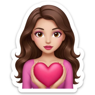 girl with long wavy brown hair, brown eyes, long lashes makeup, sexy pink lips, light to medium complexion, wearing a pink sexy top, holding a big heart sticker