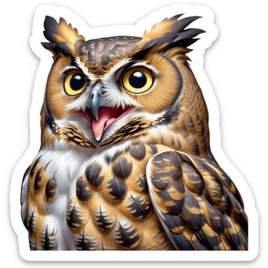 Cinematic Cute Yawning Great Horned Owl Portrait Emoji, Head tilted slightly with a dramatic, wide-open yawn, showcasing a soft, downy mottled plumage with gently drooping feathers, round golden eyes barely open in drowsy contentment, Simplified yet irresistibly adorable features, highly detailed, glowing with a soft, cozy glow, high shine, relaxed yet expressive, stylized with a touch of nocturnal whimsy, bright and endearing, soft glowing outline, capturing the essence of a sleepy yet affectionate owl, so drowsy it feels like it could glide out of the screen and curl up for a nap! sticker