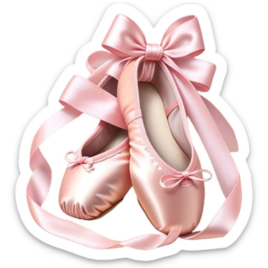 Cinematic Realistic Ballet Shoes, soft satin pink pointe shoes with delicate ribbons, resting gently on a polished wooden floor, subtle creases in the fabric, glowing under the warm golden light of a rehearsal studio, evoking elegance and grace. sticker