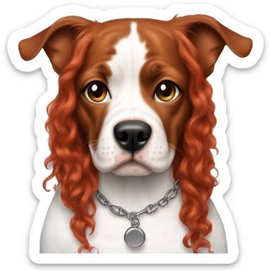 Long Red haired woman with septum piercing holding black and white English Staffordshire dog sticker