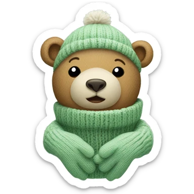 Cute Bear in knitted Sage green mittens sticker