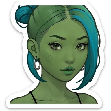 asian girl with blue scene hair with a septum and an eyebrow piercing sticker