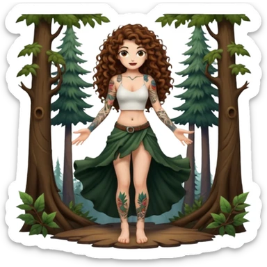 full body view of a woman with long curly brown hair, brown eyes, white skin, tattoos, shrugging with dramatic forest magic burst sticker