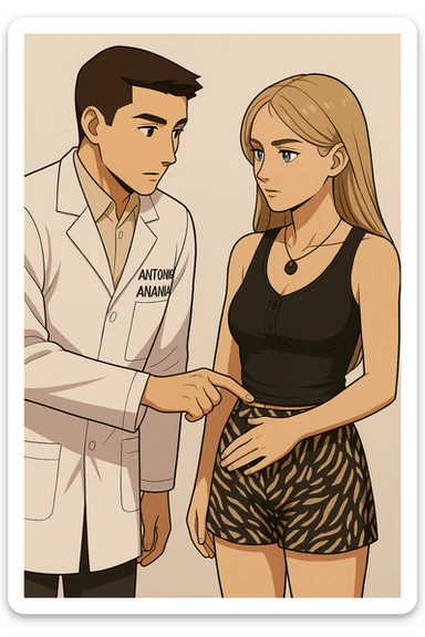 fai un webtoon/manga a colori con questo kinesiologo in camice bianco (fagli la scritta "ANTONIO ANANIA" SUL CAMICE) CHE PARLA CON QUESTA RAGAZZA CON GLI OCCHI AZZURRI. IL KINESIOLOGO CON IL CAMICE BIANCO LE TOCCA LA PANCIA CON UN DITO DOVE C'è L'INTESTINO. NON FARE I FUMETTI, FAI SOLO LORO COME SE DIALOGASSERO sticker