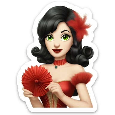 Burlesque dancer with black hair, pale skin, and green eyes in a red vintage costume holding red feather fans sticker