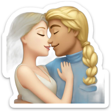 A blond boy with blue eyes who kisses a pretty blonde girl with blues eyes,  with a heart above their heads  sticker