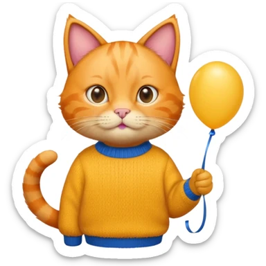 orange Cat hold blue balloon, yellow sweater sticker