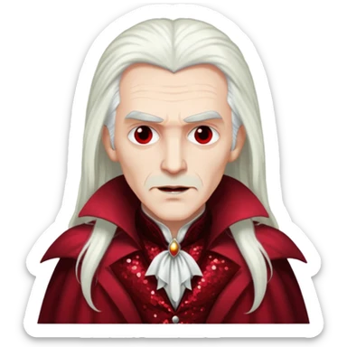 Dracula with long white hair, dark red sequin outfit sticker