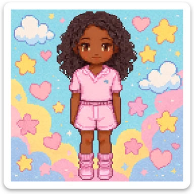 Add a cute, colorful background to the pixel art of a brown-skinned girl with black curly mid-length hair wearing a pink outfit. Keep the pixel art style consistent with the original image. sticker